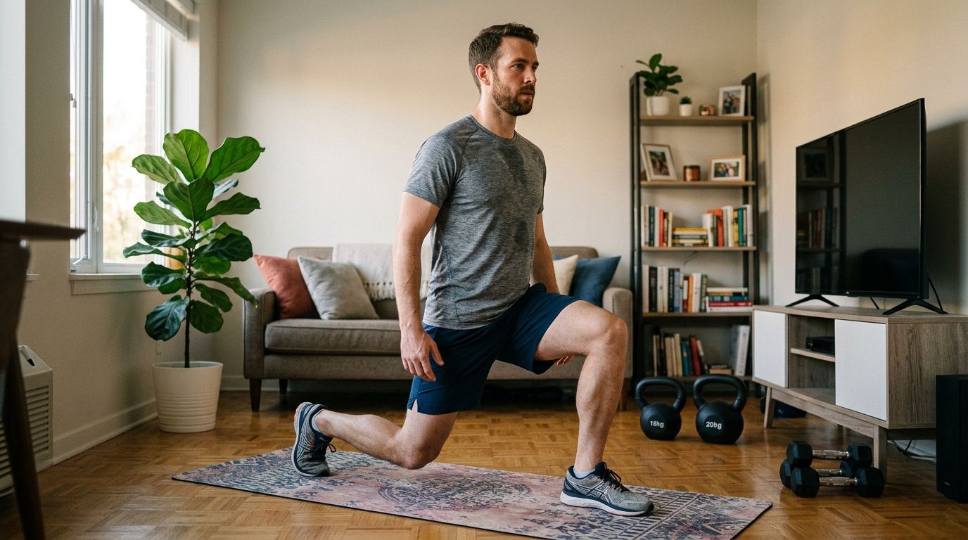Muž cvičí doma s vlastnou váhou, fitness doma